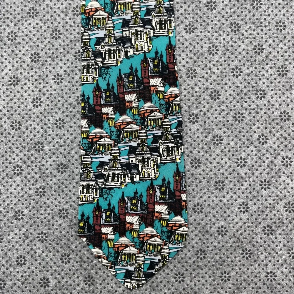 Vintage 1995 Syracuse University Silk Tie Architecture Crouse College Print Teal